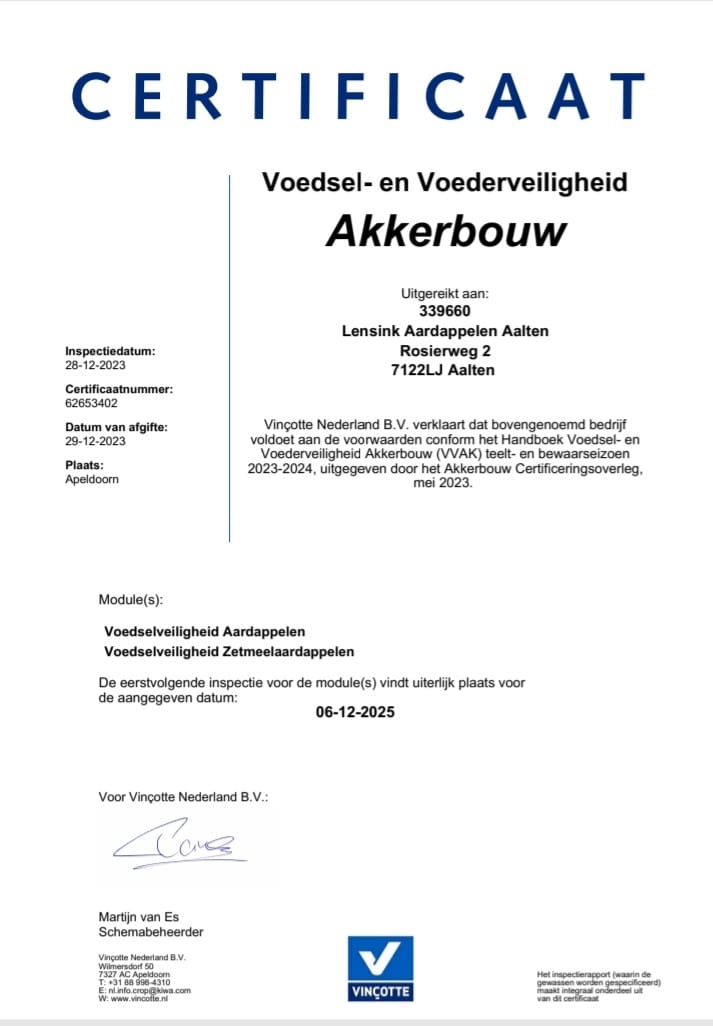 Certificaat Voedsel en Voederveiligheid Akkerbouw